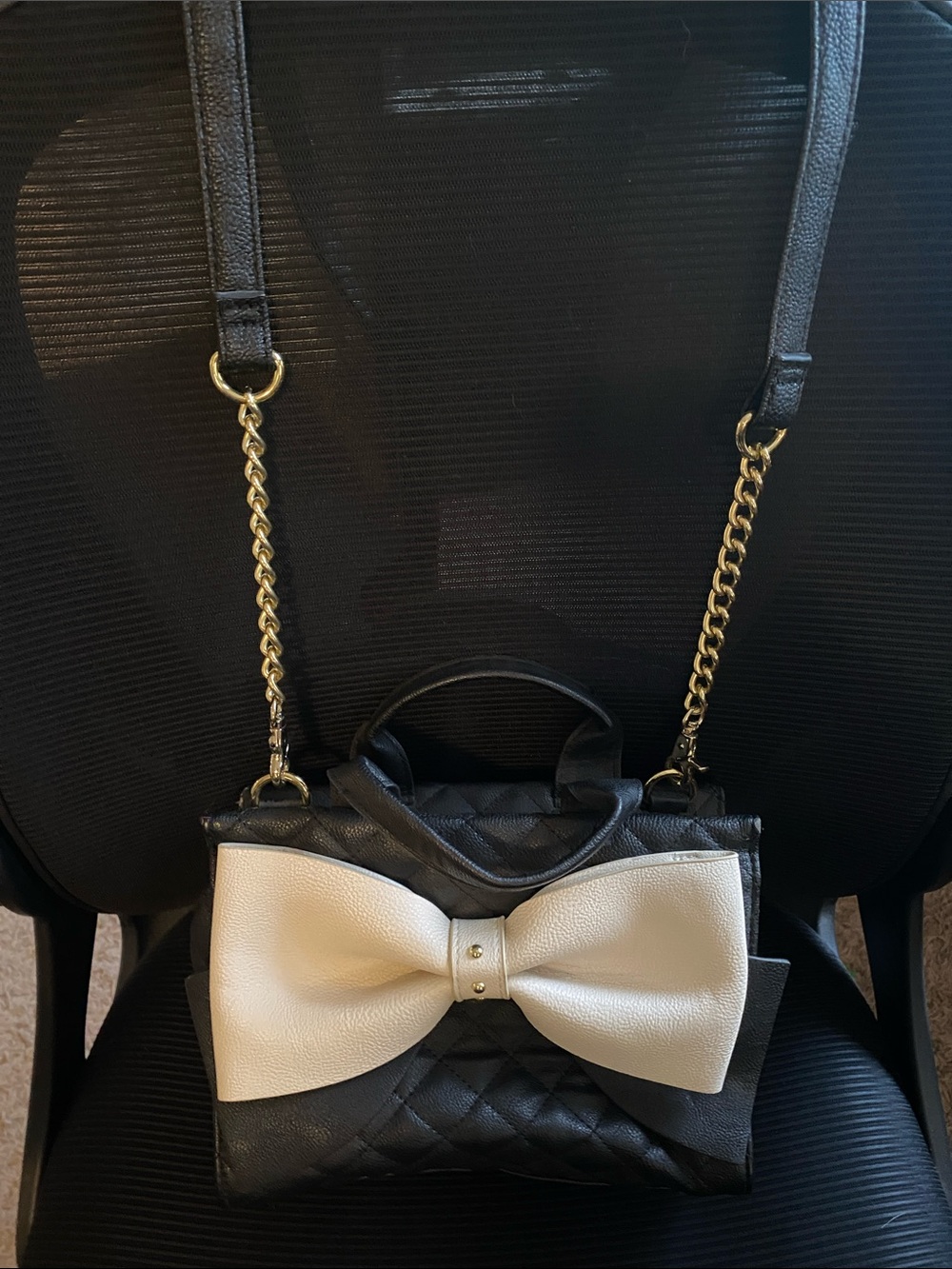 Betsey Johnson Black Quilted Mini Bag with Cream Bow & Gold Chain